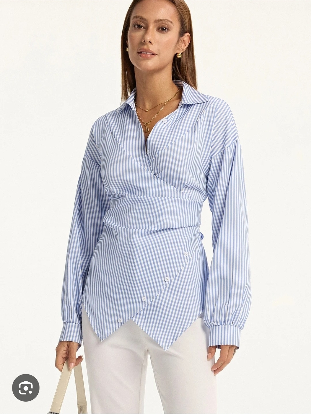 Commense Light Blue and White Striped Wrap-Style Button Shirt